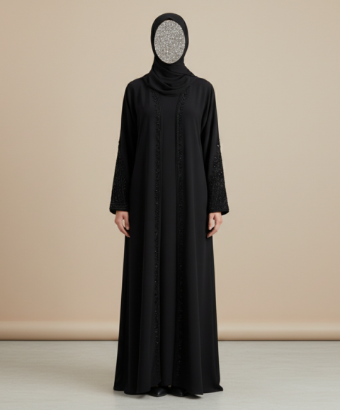Classic Black Embellished Abaya – Premium Matte Crepe