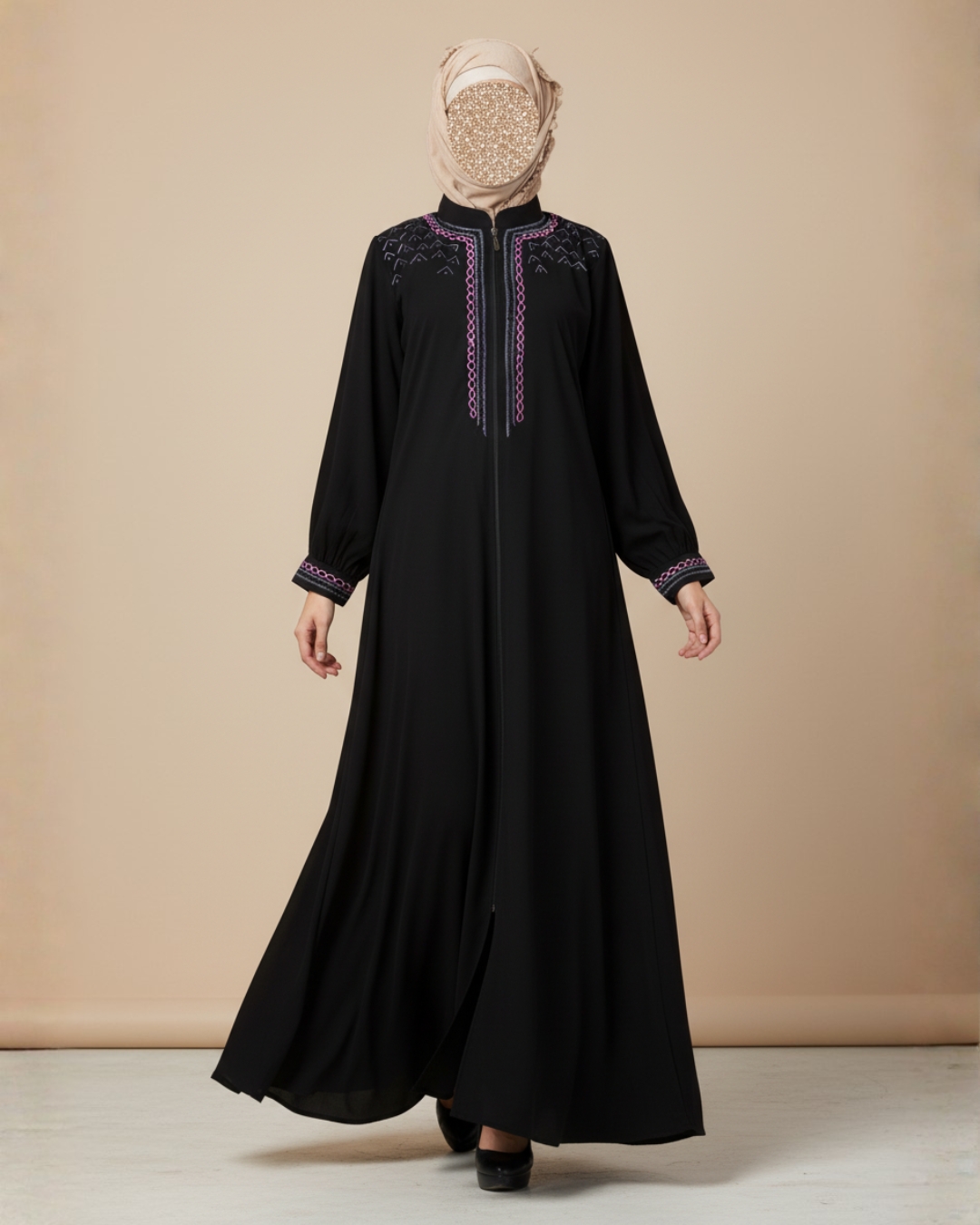 Embroidered Full Zipper Black Abaya – Premium Koshibo Fabric 1 Embroidered Full Zipper Black Abaya – Premium Koshibo Fabric