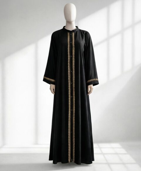 Black Abaya with Gold Embroidered Front Panel – Premium Matte Crepe