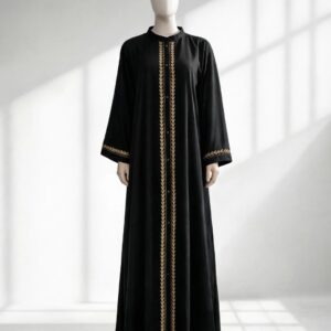 Black Abaya with Gold Embroidered Front Panel – Premium Matte Crepe