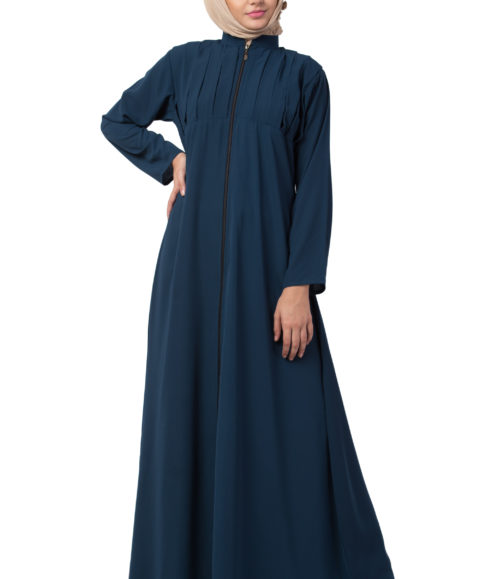 Box Pleated Full Zipper Firozi Abaya