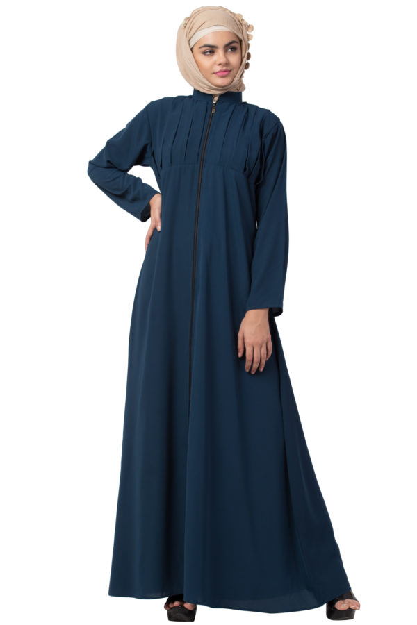 Box Pleated Full Zipper Firozi Abaya