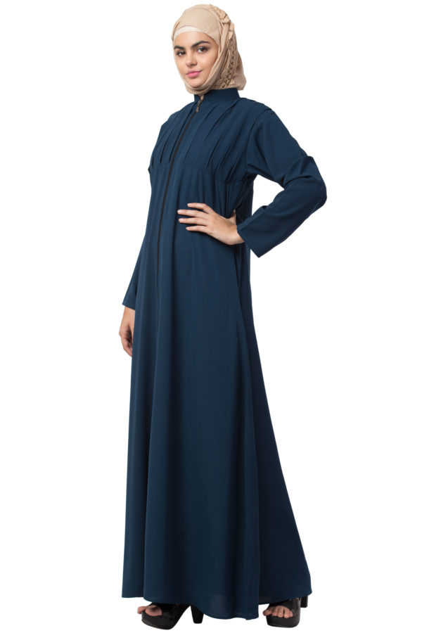 Box Pleated Full Zipper Firozi Abaya - Image 2