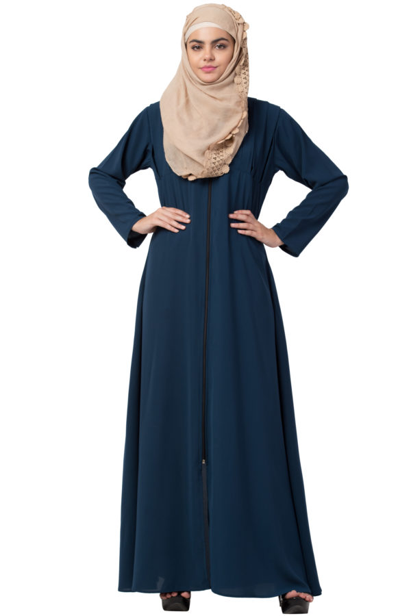 Box Pleated Full Zipper Firozi Abaya - Image 6