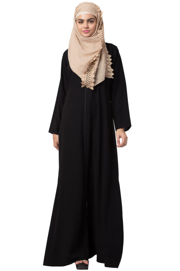 Box Pleated Full Zipper Black Abaya - Image 2