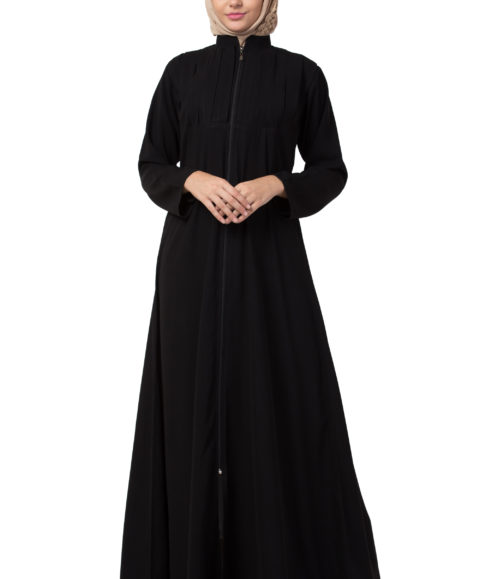 Box Pleated Full Zipper Black Abaya