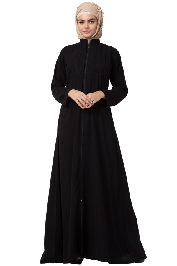 Box Pleated Full Zipper Black Abaya