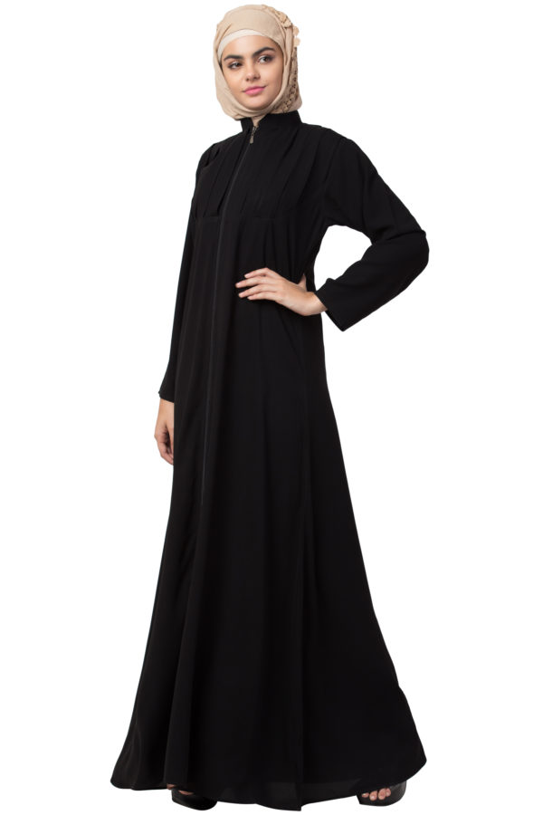 Box Pleated Full Zipper Black Abaya - Image 3
