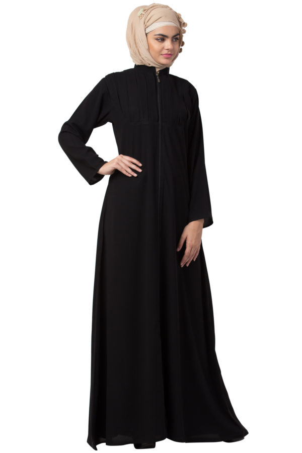 Box Pleated Full Zipper Black Abaya - Image 4