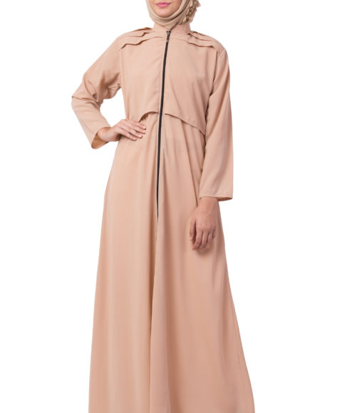 Full Zipper Shoulder Pleated Beige Abaya