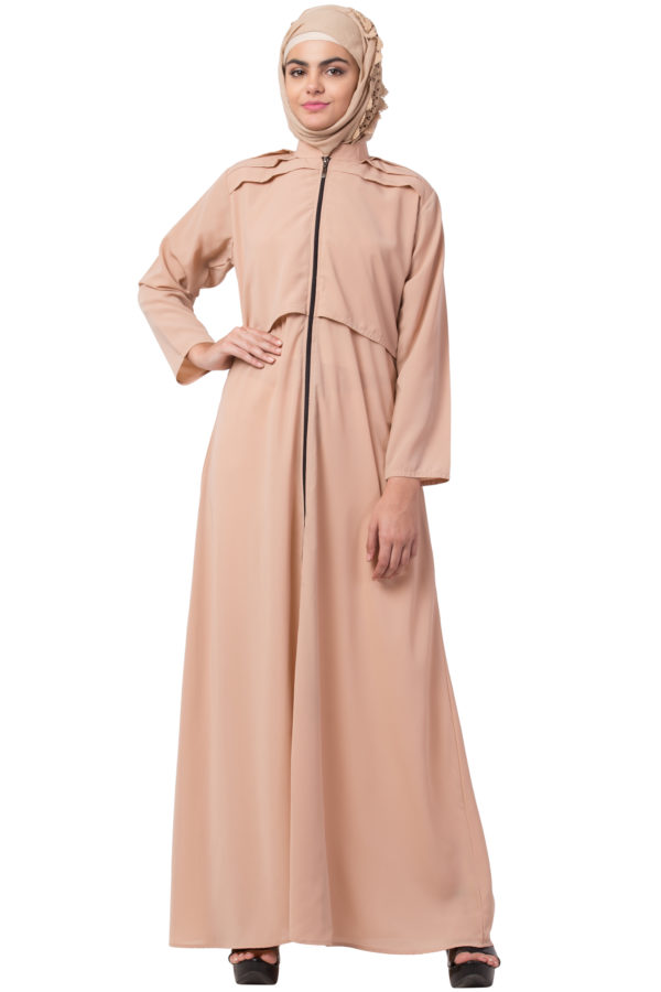 Full Zipper Shoulder Pleated Beige Abaya