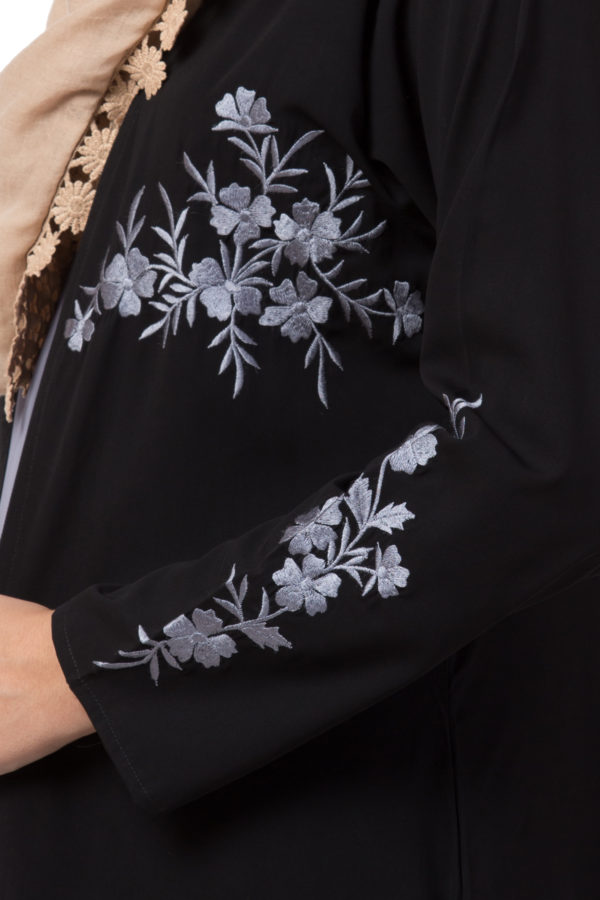 Black Shrug Abaya with Grey Embroidery - Image 6