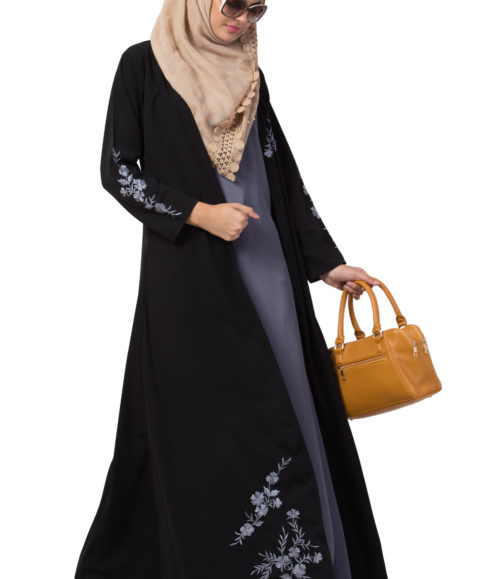Black Shrug Abaya with Grey Embroidery