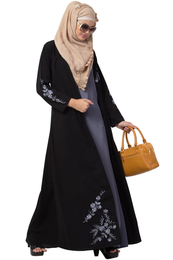Black Shrug Abaya with Grey Embroidery
