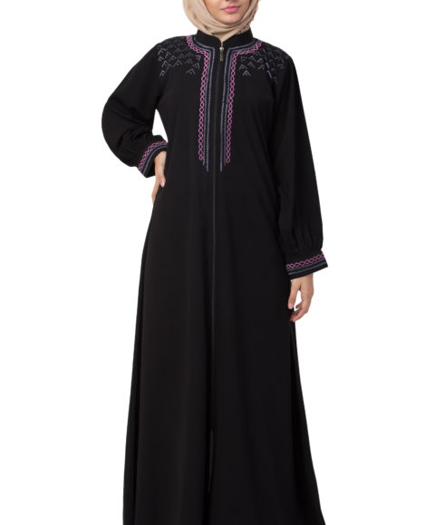 Embroidered Full Zipper Black Abaya