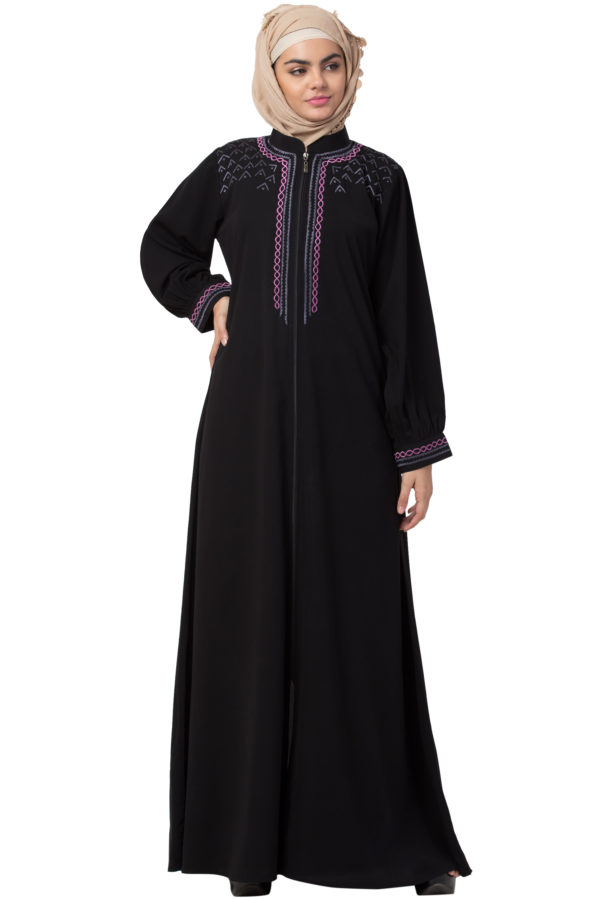 Embroidered Full Zipper Black Abaya