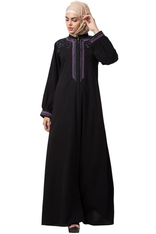 Embroidered Full Zipper Black Abaya - Image 2