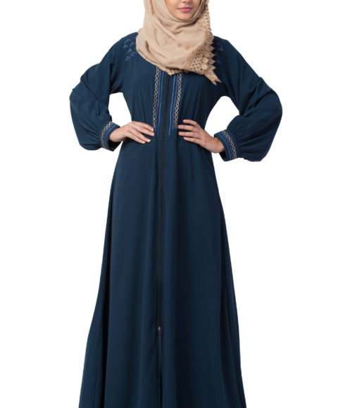 Embroidered Full Zipper Firozi Abaya