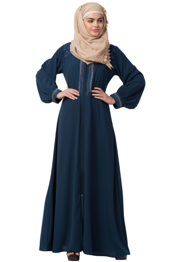 Embroidered Full Zipper Firozi Abaya