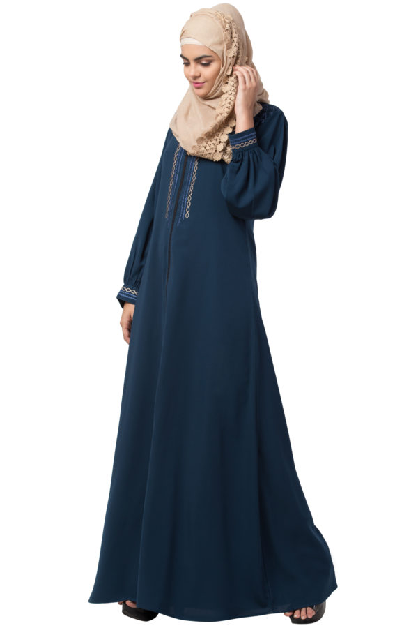 Embroidered Full Zipper Firozi Abaya - Image 2