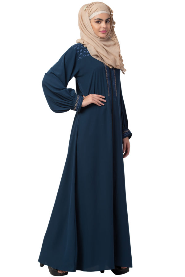 Embroidered Full Zipper Firozi Abaya - Image 3