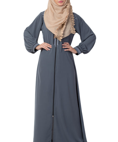 Embroidered Full Zipper Grey Abaya