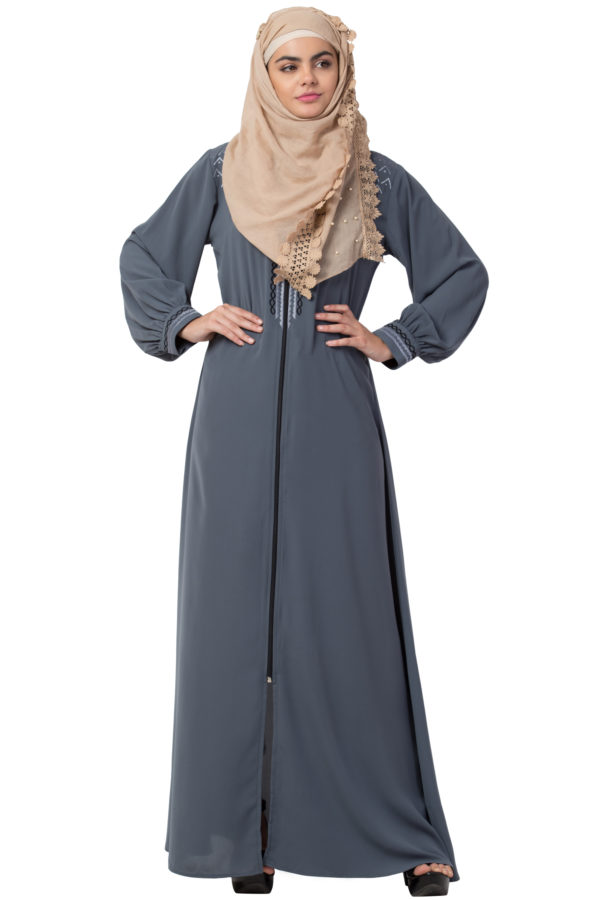Embroidered Full Zipper Grey Abaya