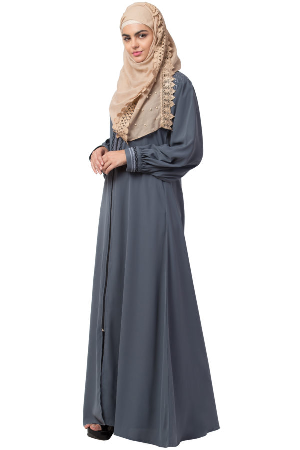 Embroidered Full Zipper Grey Abaya - Image 2