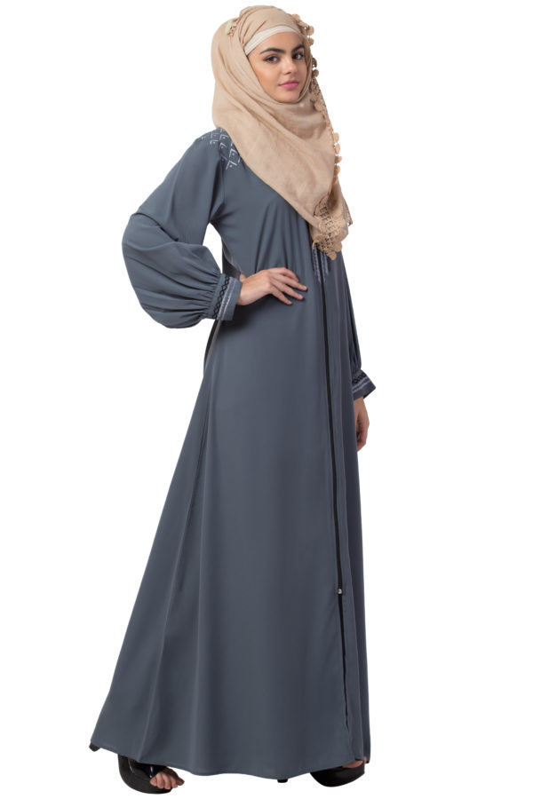 Embroidered Full Zipper Grey Abaya - Image 3