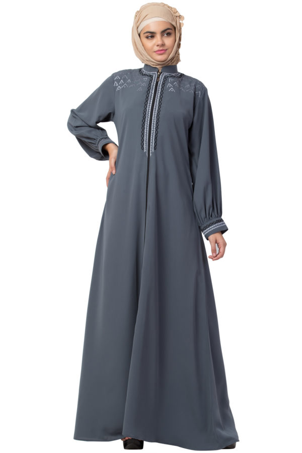 Embroidered Full Zipper Grey Abaya - Image 4
