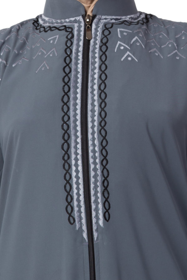 Embroidered Full Zipper Grey Abaya - Image 6