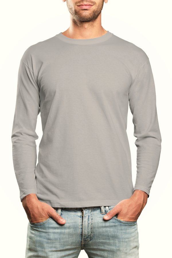 Basic Plain Round Neck Full Sleeve Grey Melange T-Shirt